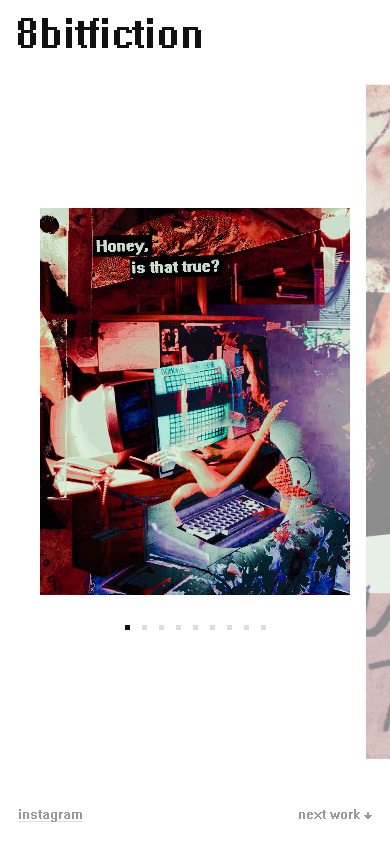 The gallery on a phone: the pixel wordmark, the bad girls collage centered with square dots below it, and instagram and next work labels rendered in the pixelated System font at the bottom corners