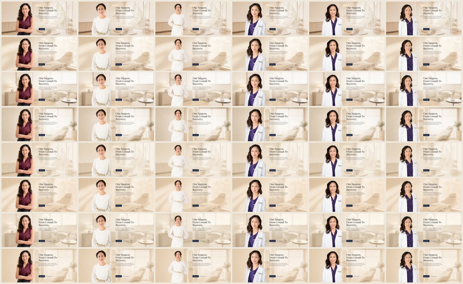 Grid of homepage hero variations in the Figma file, practice portraits across cream and burgundy treatments