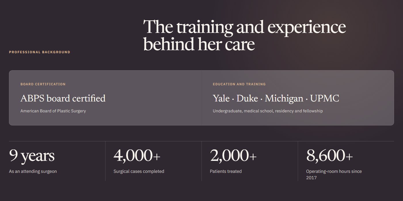 The live credentials band: dark treatment with board certification, education line, and practice statistics