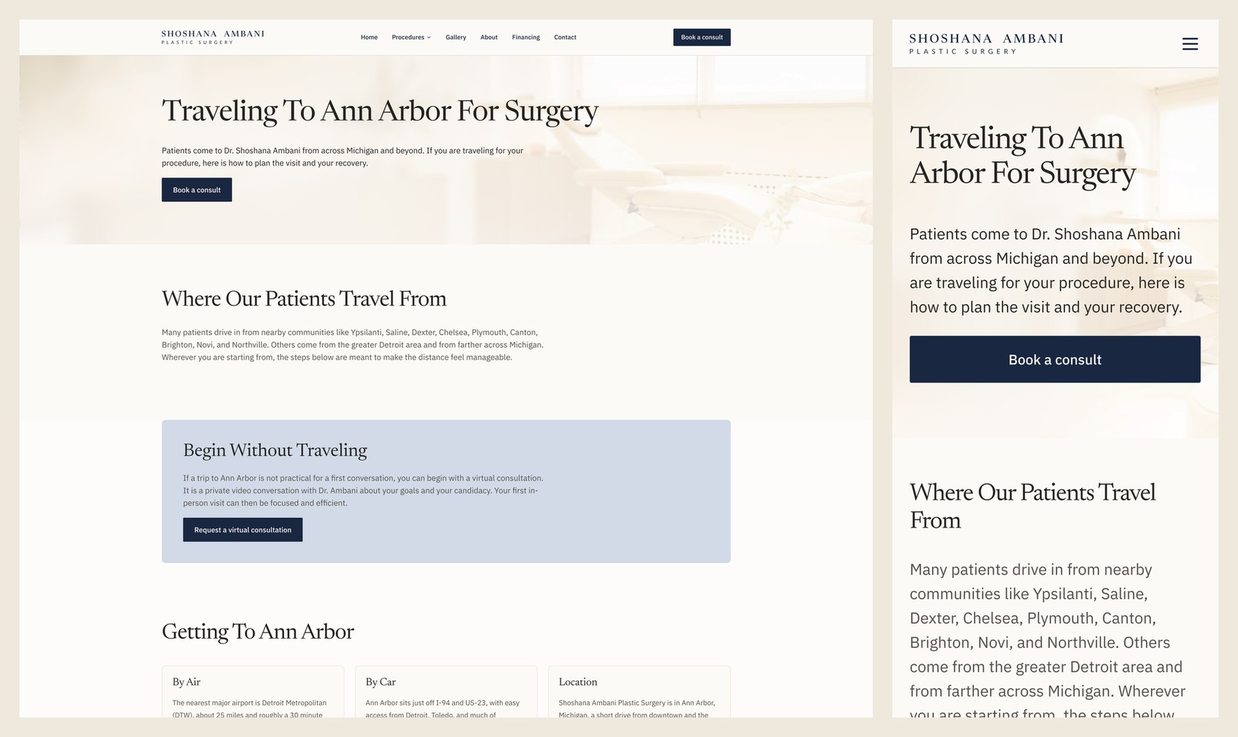 Out-of-Town Patients page in the master file: 1920px desktop design beside the 375px mobile build, hero and travel sections visible