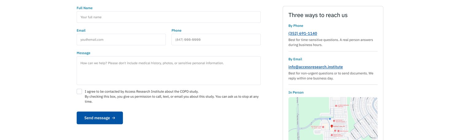 Contact form with static labels above fields and a plain-language consent checkbox