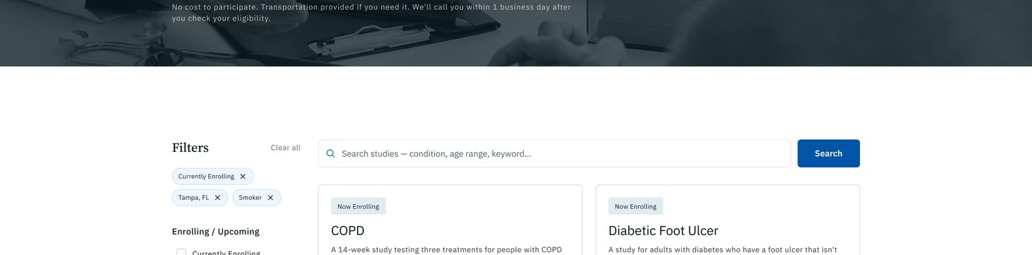 Catalog with filters: search, enrollment status, location, gender, smoking, compensation