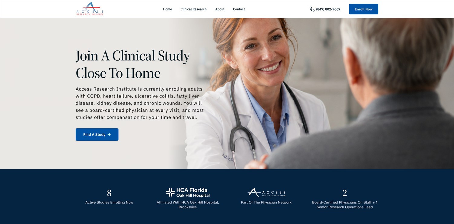 The redesigned homepage: Join A Clinical Study Close To Home, with the trust band naming HCA Oak Hill Hospital
