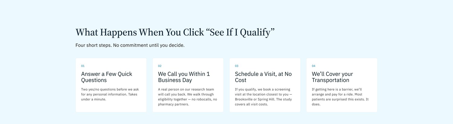 Four step section: answer a few quick questions, we call within one business day, schedule a visit at no cost, we cover transportation