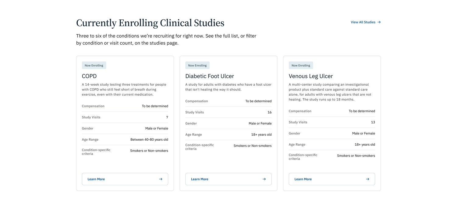 Study cards with criteria written as text: compensation, study visits, gender, age range, condition-specific criteria