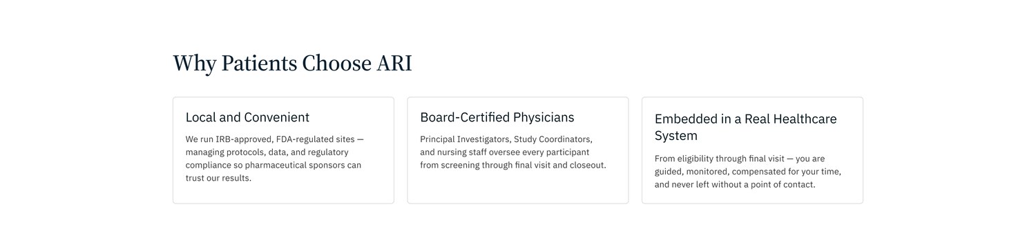 Why Patients Choose ARI: local and convenient, board-certified physicians, embedded in a real healthcare system