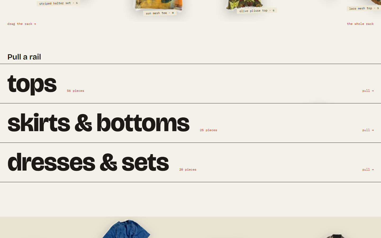 The rail index: tops 56 pieces, skirts and bottoms 25 pieces, dresses and sets 20 pieces, set in giant type with pull links on each row