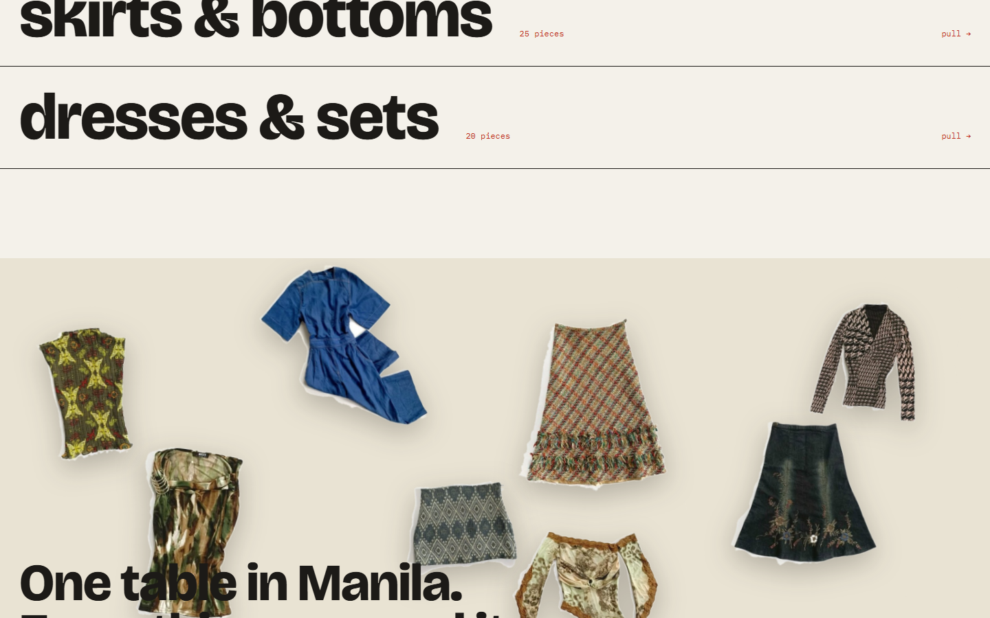 The closing table plate: eight cutout garments scattered on a deeper paper band above the words One table in Manila, including a blue denim jumpsuit, a plaid fringe skirt and a houndstooth wrap top