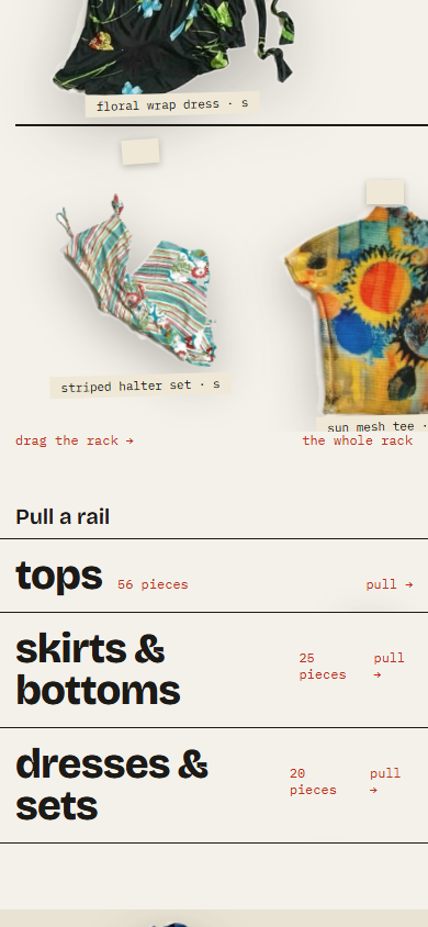 The same rack and rail index at phone width: garments hang two across and the wing rows stack