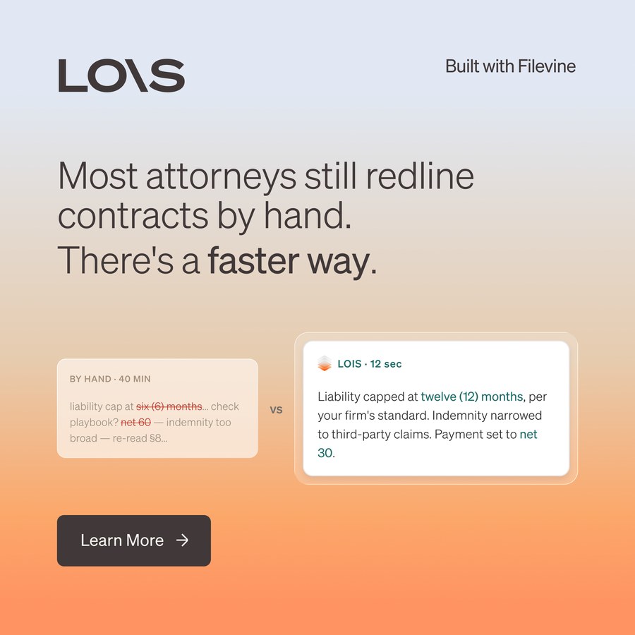 LOIS ad: most attorneys still redline contracts by hand, gradient with Word comment panel