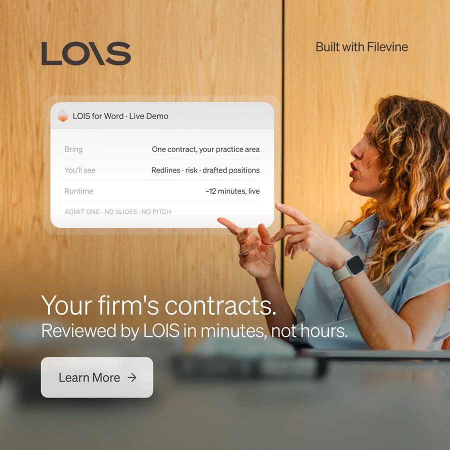 LOIS ad: your firm's contracts reviewed by LOIS in minutes, photographic hero with Word panel