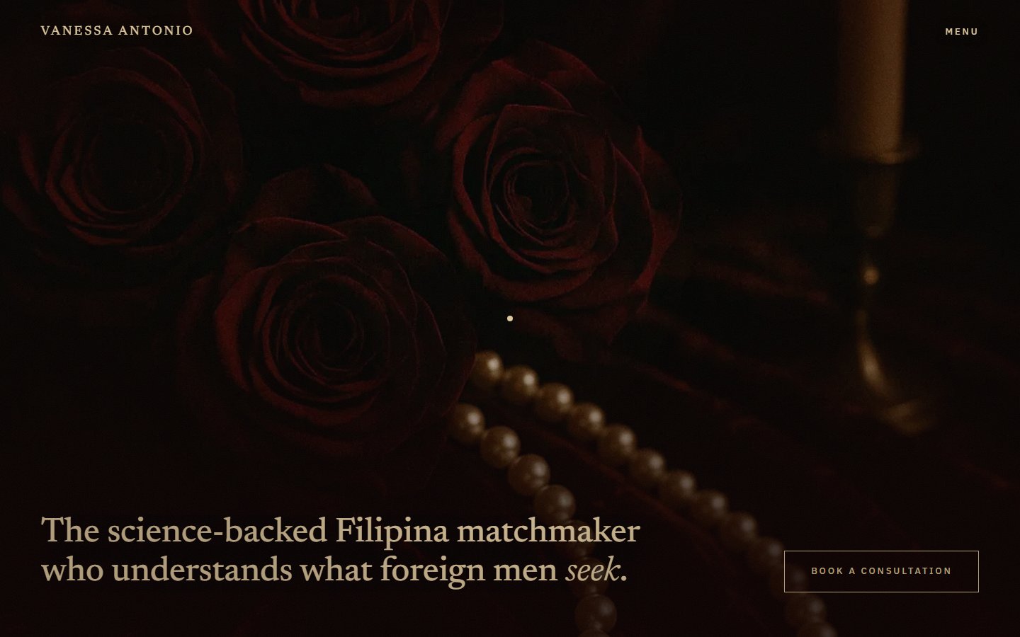 The hero still at desktop: roses and pearls in candlelight, the headline The science-backed Filipina matchmaker who understands what foreign men seek, and a thin-framed Book A Consultation slate at bottom right