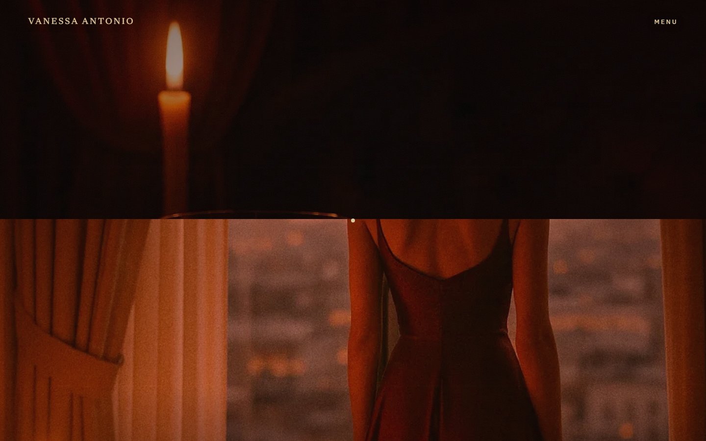 Mid-scroll on the concept site: the candle still is cut off partway as the next full-bleed still, a woman in a red gown at a window over the city, slides up over it