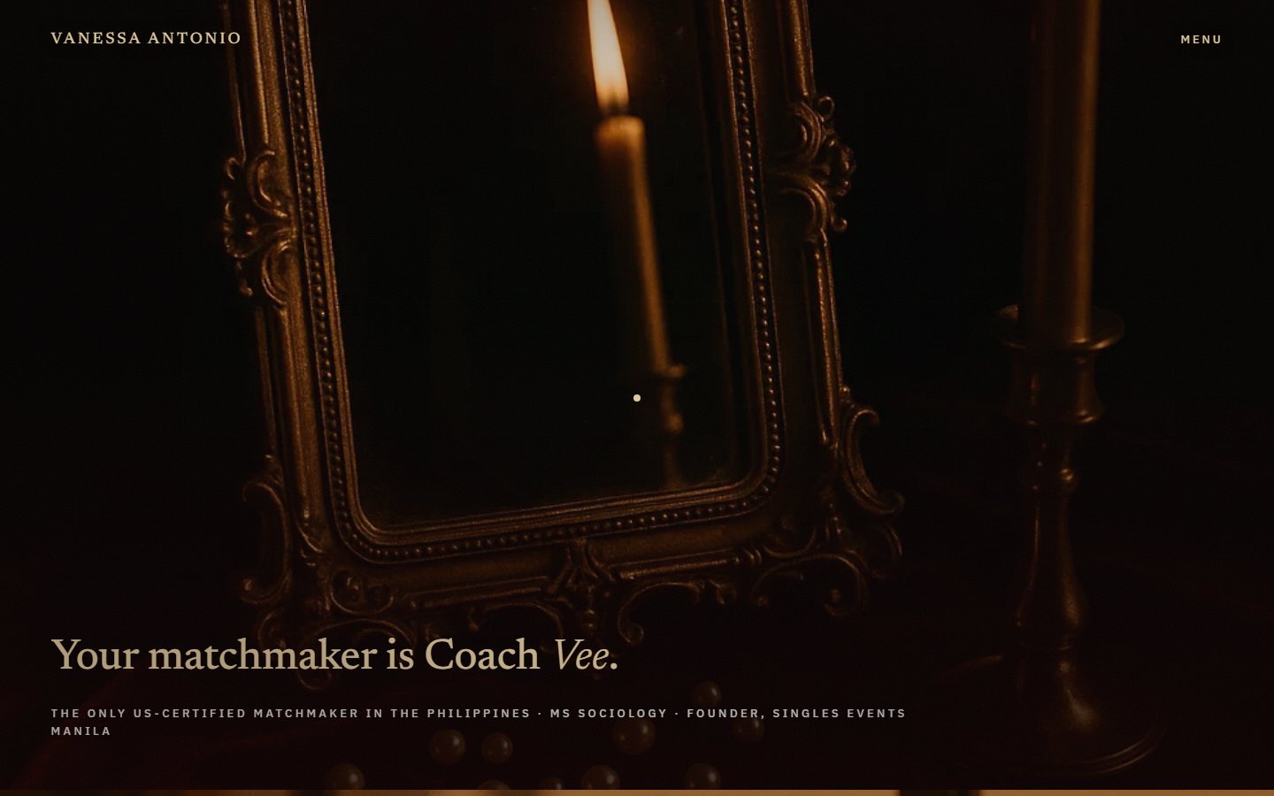A still of an antique gold mirror and taper candles, with the title card Your matchmaker is Coach Vee and her credentials in small caps beneath