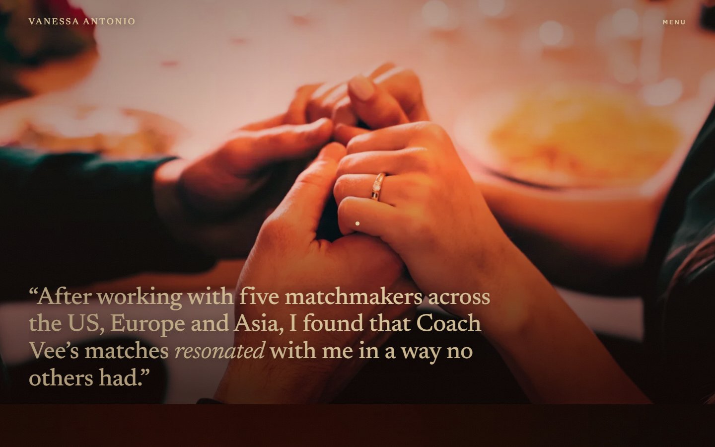 A testimonial still: two pairs of hands intertwined across a dinner table, an engagement ring catching the light, with the client quote in gold serif at lower left