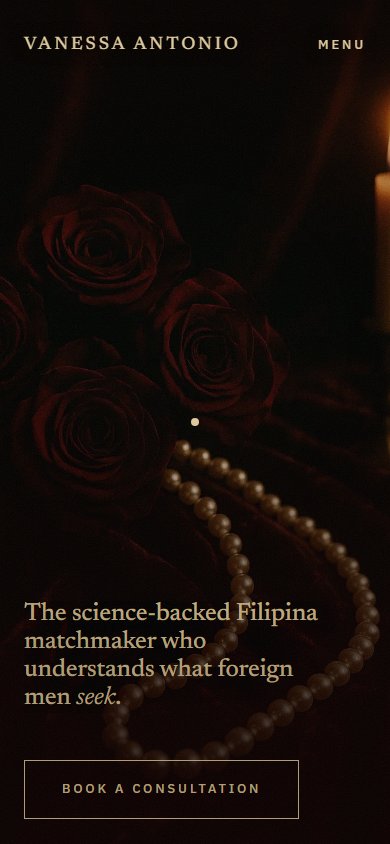 The hero still on a 390-pixel phone: roses and pearls, the verbatim headline, and the framed Book A Consultation slate, all holding the same composition as desktop