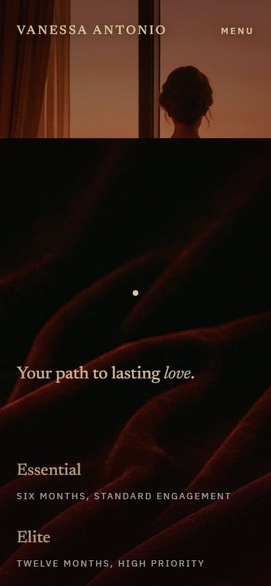 The tiers still on mobile: Your path to lasting love over dark velvet, with the Essential and Elite tiers as small text slips, six months standard engagement and twelve months high priority