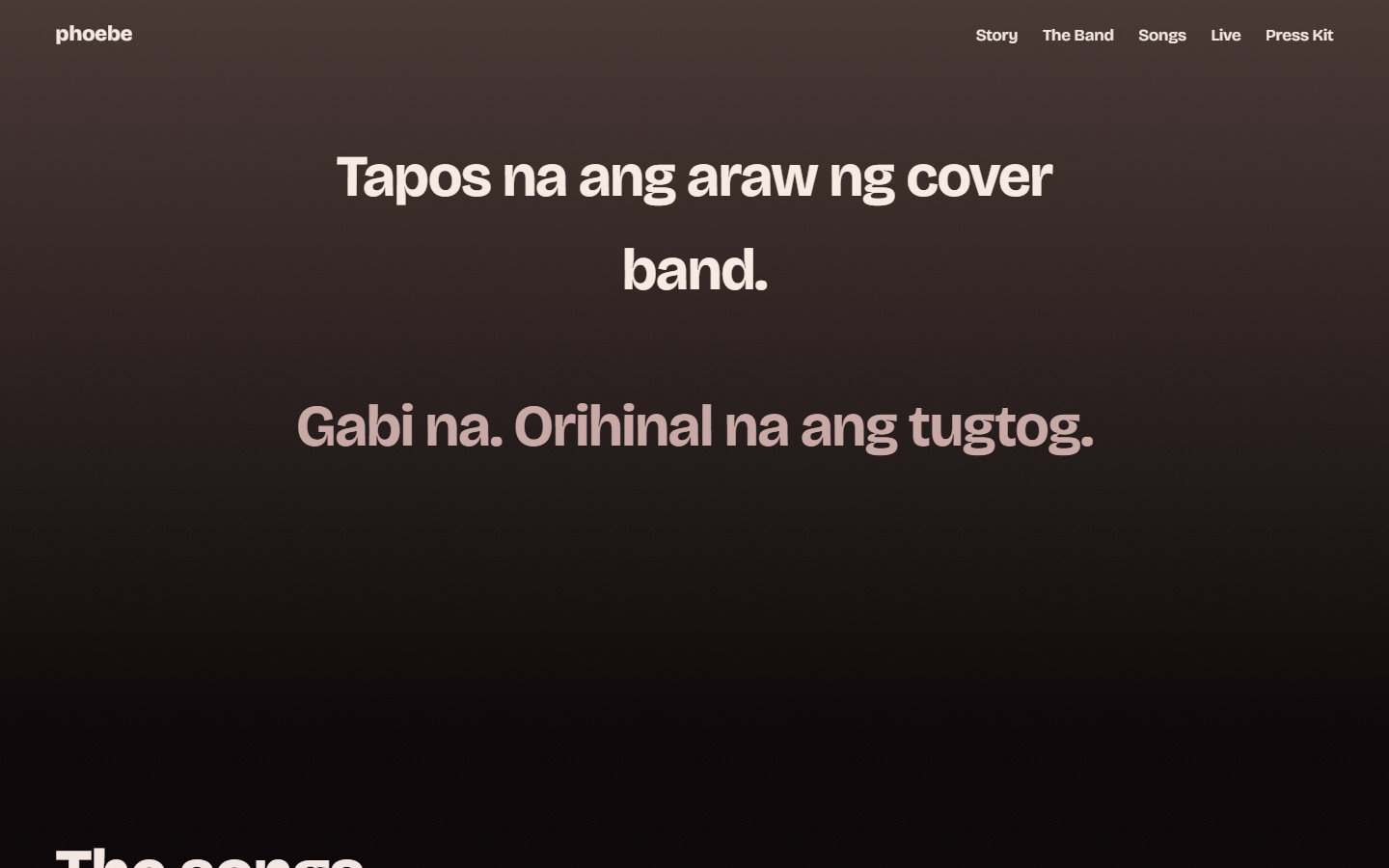 The dusk turn: the same page gone dark, with the line Tapos na ang araw ng cover band above Gabi na, orihinal na ang tugtog, in pale rose type on near-black