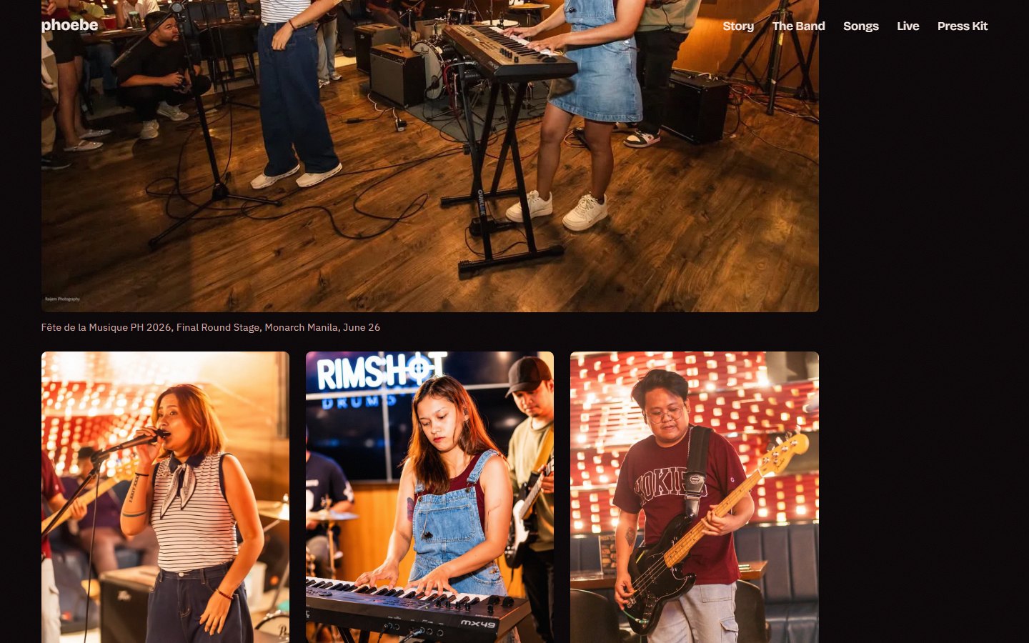 The Live section in the night act: a wide stage photo of the band mid-set captioned with the venue and date, above three warm close-up photos of members singing and playing keys and bass