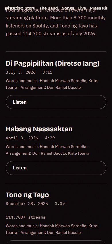 The songs list on a phone in the night act: each single with its release date, running time, words-and-music credits, and a Listen button