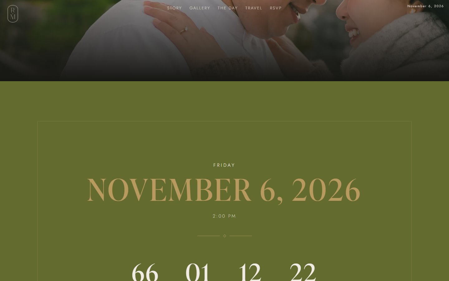 The countdown band on the live site: an olive-green full-width panel with Friday, November 6, 2026 set large in brass serif capitals, 2:00 PM beneath, and countdown digits below