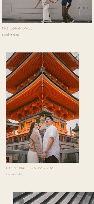 The mobile gallery: full-width prenup photographs with small museum-style captions, The Long Wall and The Vermillion Pagoda, set in brass above short serif place names