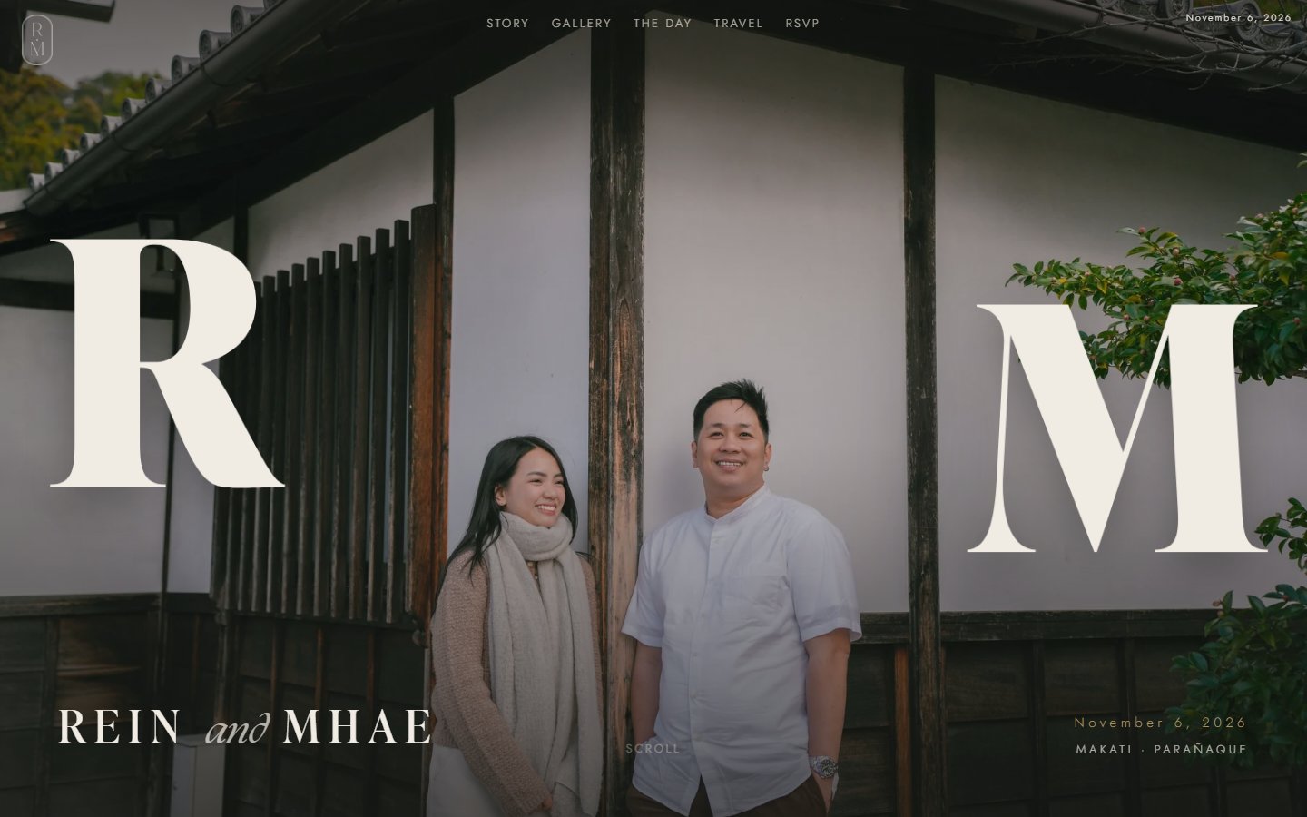 The live desktop hero: a full-screen Kyoto prenup photo of the couple, framed by giant serif R and M letterforms, with the wordmark Rein and Mhae and the wedding date November 6, 2026 in the corners