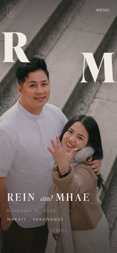 The same hero on a phone: a vertical crop of the proposal photo where the bride shows her ring, with the R and M letterforms rearranged to fit a portrait ratio