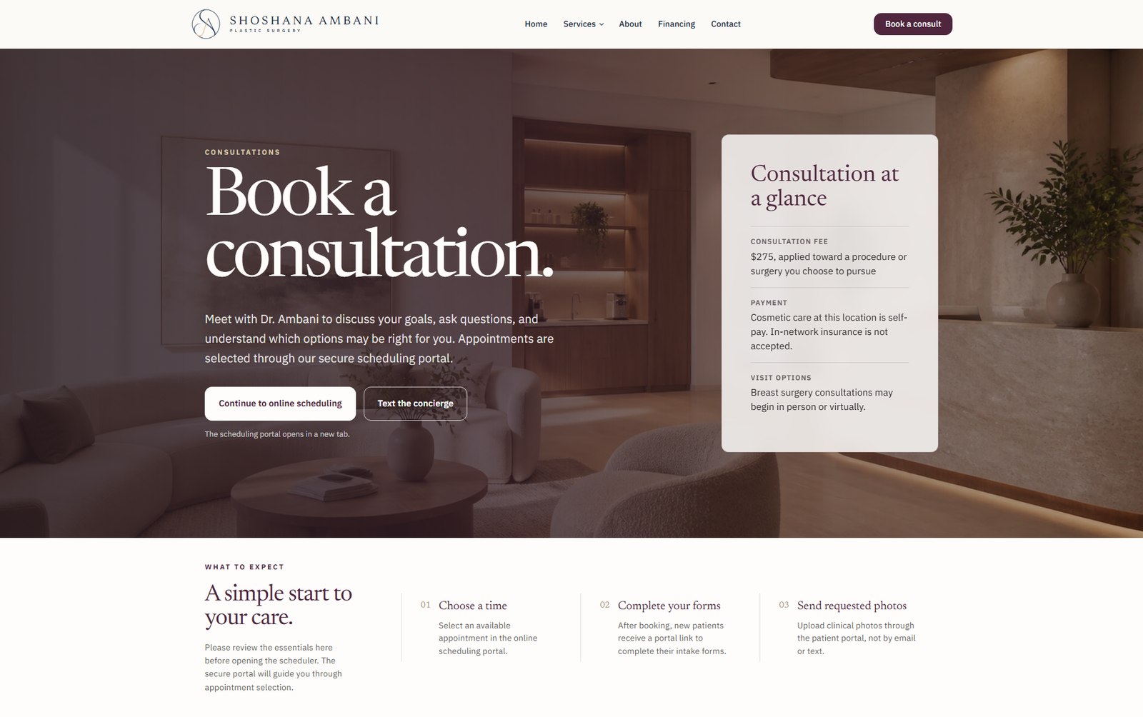 The booking page: Book a consultation, with a Consultation at a glance card and a three-step What to expect strip