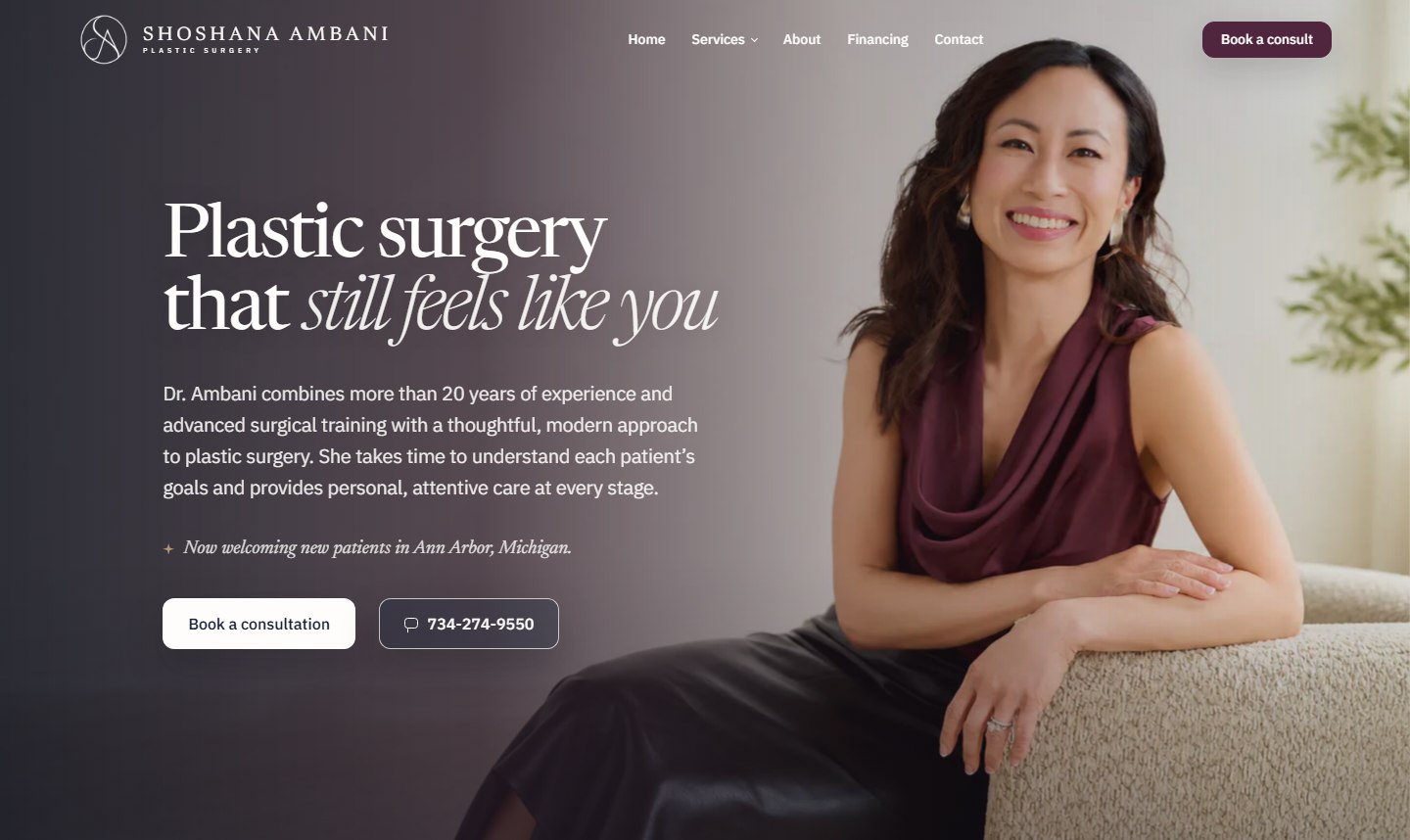 The live shoshanamd.com homepage hero: Plastic surgery that still feels like you, over a warm photograph of Dr. Ambani in her practice