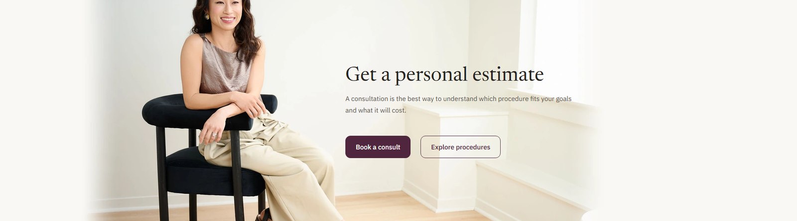 The pre-footer band: Get a personal estimate, over a full-bleed photograph of Dr. Ambani seated in the practice, with Book a consult and Explore procedures buttons