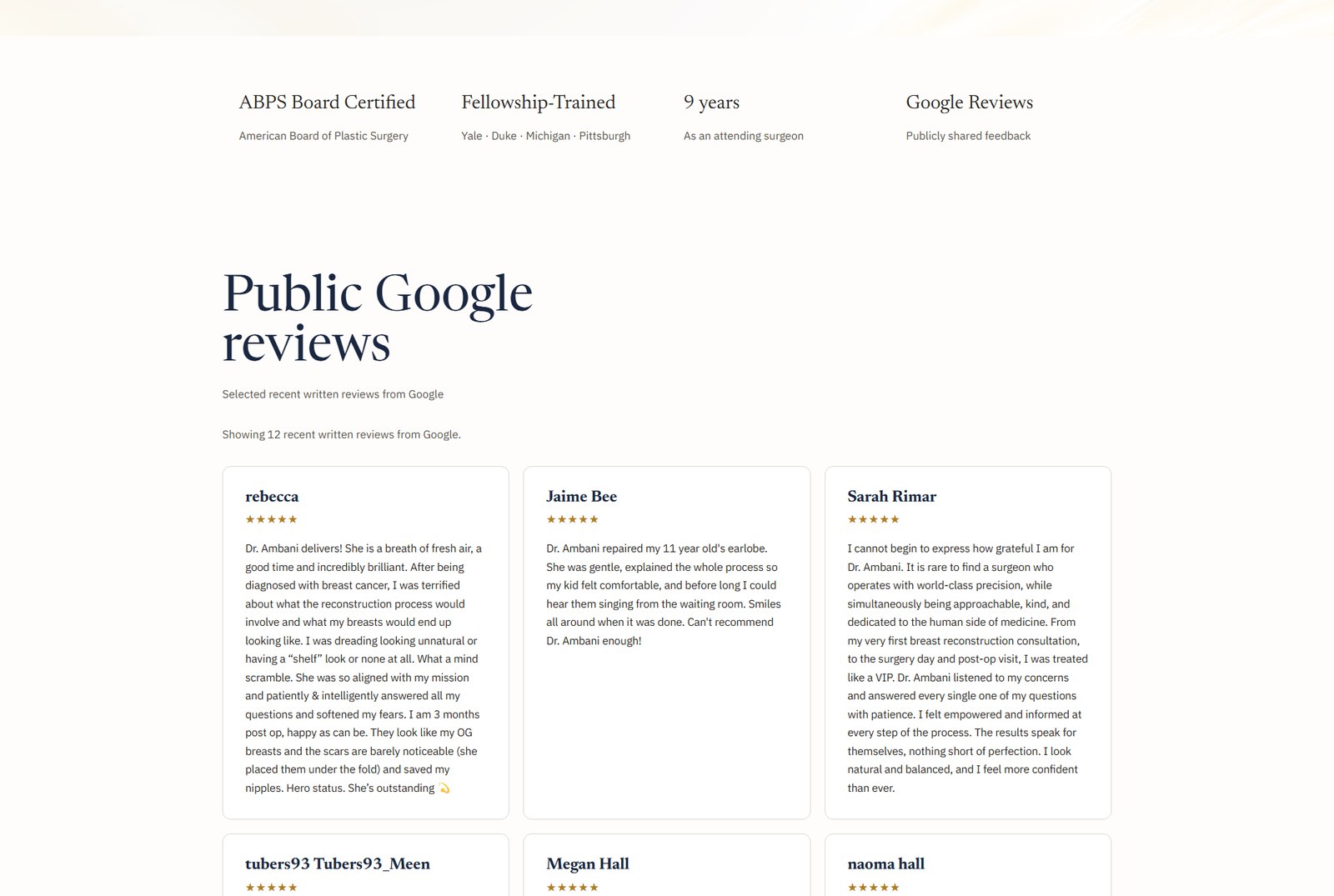 The reviews page: a credential strip with ABPS Board Certified, Fellowship-Trained, and 9 years as an attending surgeon, above full-text public Google reviews